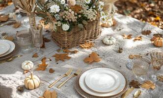 Autumnal Table Setting With White Flowers, Pumpkins, and Fall Leaves photo