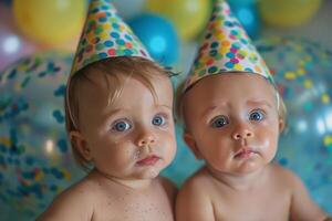 Twin Baby Boys Wearing Party Hats Look at the Camera photo