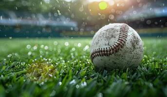 A Baseball Resting on Green Grass on a Sunny Day photo