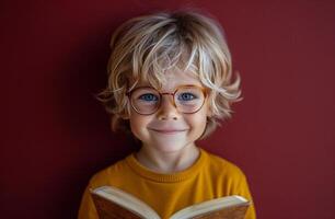 Young Boy With Blond Hair Wearing Glasses Holds Open Book in Front of Red Wall photo