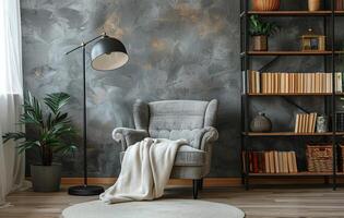 Cozy Living Room Corner With Floor Lamp, Armchair, and Bookshelf photo