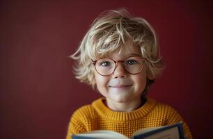 Young Boy With Blond Hair Wearing Glasses Holds Open Book in Front of Red Wall photo