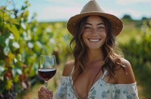 Woman In Straw Hat Holding Wine Glass In A Vineyard At Sunset photo