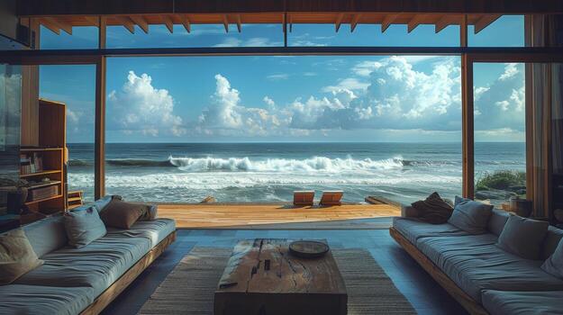Coastal Living Room With Ocean View and Crashing Waves photo