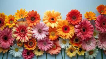 A Colorful Bouquet of Gerber Daisies Arranged on a White Surface photo