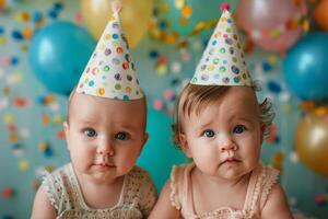 Twin Baby Boys Wearing Party Hats Look at the Camera photo