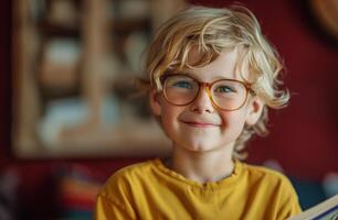Smiling Boy Reading Book Against Red Wall photo