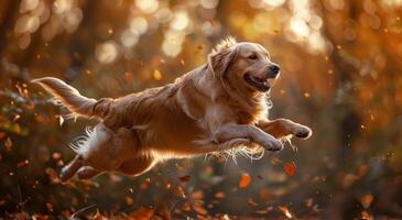 Golden Retriever Dog Jumping Through Autumn Leaves photo