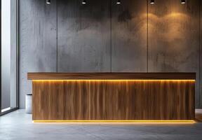 Modern Wooden Reception Desk With Yellow Lighting in a Contemporary Lobby photo