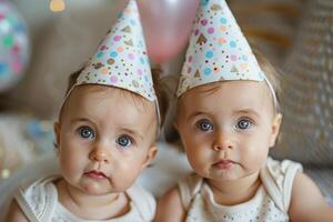 Twin Babies in Party Hats Look at Camera photo