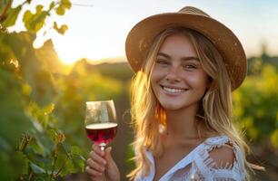Woman Enjoying Red Wine in a Vineyard on a Sunny Day photo