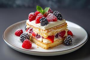 Delicious Slice of Layered Cake Topped With Fresh Berries and Whipped Cream photo