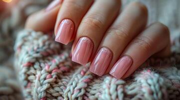 Close Up Of Pink Glitter Nail Polish On Womans Hand Resting On Knitted Sweater photo