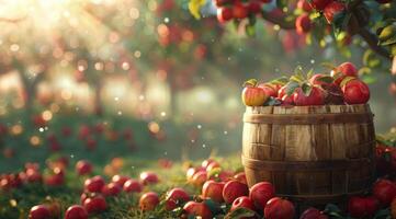 Red Apples in a Wooden Barrel During a Sunny Autumn Day photo