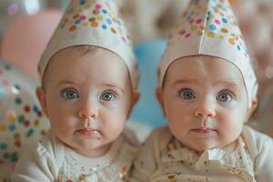 Twin Babies in Party Hats Look at Camera photo