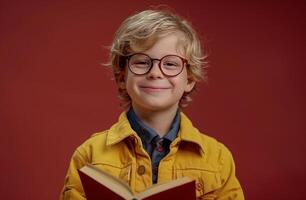Young Boy With Blond Hair Wearing Glasses Holds Open Book in Front of Red Wall photo