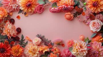 Pink and Peach Flower Arrangement on a Light Pink Background photo