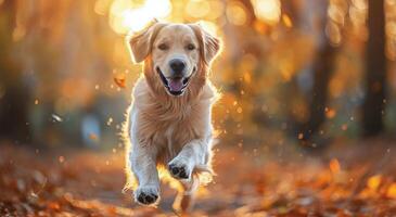 Golden Retriever Dog Jumping Through Autumn Leaves photo