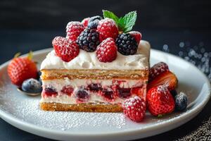 Delicious Slice of Layered Cake Topped With Fresh Berries and Whipped Cream photo