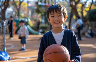 Young Boy Smiling While Holding Basketball in Park photo