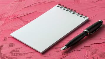 Blank Spiral Notebook and Black Fountain Pen on Pink Surface photo
