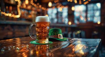 A Pint of Beer With a Leprechaun Hat in a Bar on St. Patricks Day photo