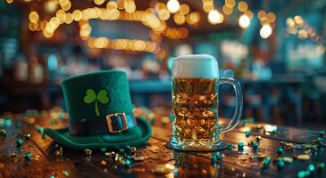 A Pint of Beer With a Leprechaun Hat in a Bar on St. Patricks Day photo