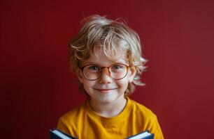 Smiling Boy Reading Book Against Red Wall photo