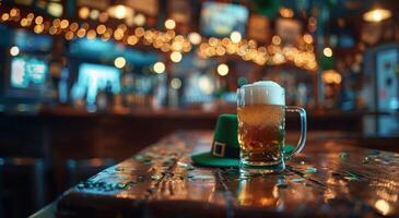 A Pint of Beer With a Leprechaun Hat in a Bar on St. Patricks Day photo