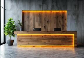 Modern Wooden Reception Desk With Yellow Lighting in a Contemporary Lobby photo