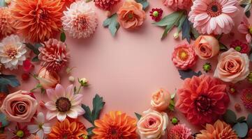 Pink and Peach Flower Arrangement on a Light Pink Background photo
