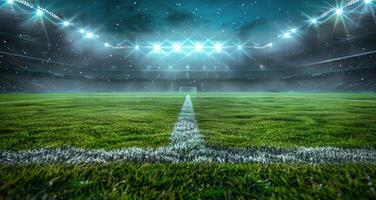 A Close Up View Of A Green Soccer Field At Night photo