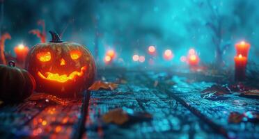 Illuminated Jack-O-Lantern On Wooden Table With Candles In Spooky Foggy Forest photo