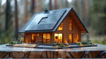 Modern Two-Story Glass House Model With Green Roof and Solar Panels photo