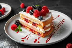 Delicious Slice of Layered Cake Topped With Fresh Berries and Whipped Cream photo