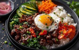 Korean Beef and Rice Bowl With Fried Egg and Sesame Seeds photo