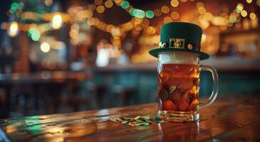 A Pint of Beer With a Leprechaun Hat in a Bar on St. Patricks Day photo