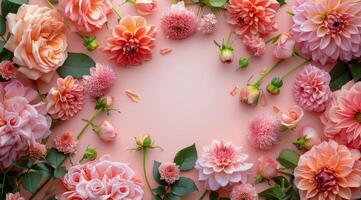 Pink and Orange Flowers Arranged in a Heart Shape on a Pink Background photo