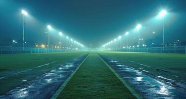 Empty Football Field Under Night Lights photo