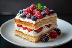 Delicious Slice of Layered Cake Topped With Fresh Berries and Whipped Cream photo