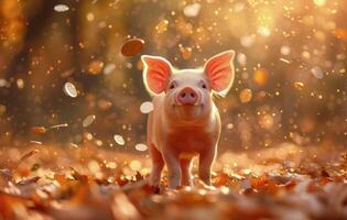 Pink Piggy Bank Smiling in Autumn Leaves With Coins Falling photo
