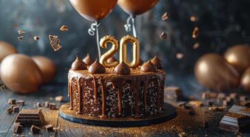 Chocolate Cake With Golden Balloons and Number 20 Candles photo