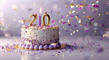 Purple Birthday Cake With Gold Twenty Candles and Confetti photo