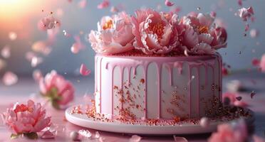 White Cake Topped With Pink Peonies and Confetti Falling photo