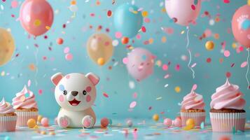 Adorable Puppy Celebrates Birthday With Balloons and Cupcakes photo