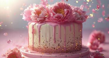 White Cake Topped With Pink Peonies and Confetti Falling photo
