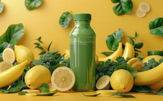 Green Smoothie Bottle With Fresh Fruits and Vegetables on Yellow Background photo