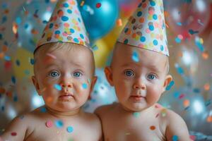 Twin Babies in Party Hats Look at Camera Amidst Confetti photo