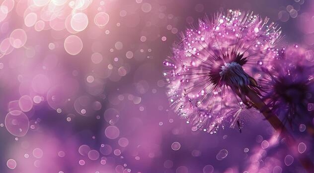 Close Up of a Dew Covered Pink Dandelion in a Purple Bokeh Background photo