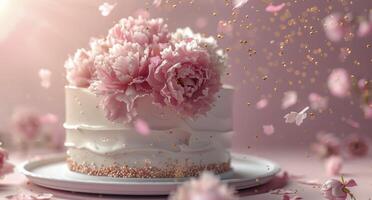 White Cake Topped With Pink Peonies and Confetti Falling photo